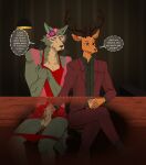  2021 anthro anthro_on_anthro antlers balls beastars blush bottomwear cervid cervine claws clothed clothed_sex clothing crossdressing crossed_legs dialogue dress duo english_text erection genitals green_clothing green_shirt green_topwear handjob hi_res horn humanoid_genitalia humanoid_penis jacket legoshi_(beastars) louis_(beastars) male male/male mammal necktie panties panties_down pants penile penis penis_grab public purple_clothing purple_jacket purple_topwear red_clothing red_deer red_dress sex shirt sitting speech_bubble spicedpopsicle suit text topwear under_table underwear underwear_down 