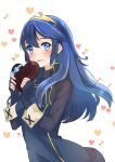  1girl absurdres bangs blue_eyes blue_hair blue_shirt blush candy chocolate chocolate_heart fingerless_gloves fire_emblem fire_emblem_awakening food gloves hair_between_eyes heart highres holding holding_chocolate holding_food long_hair long_sleeves looking_at_viewer lucina_(fire_emblem) open_mouth puni_y_y shirt smile solo tiara white_background 