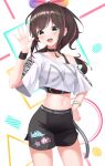  1girl :d absurdres bangle bare_shoulders belt black_choker black_shirt black_shorts blue_eyes bracelet breasts brown_hair choker cowboy_shot crop_top crop_top_overhang g_home hair_ribbon hand_on_hip hand_up highres jewelry kizuna_ai kizuna_ai_inc. long_hair looking_at_viewer medium_breasts midriff multicolored_hair navel off_shoulder open_mouth ribbon shirt short_shorts short_sleeves shorts smile solo standing stomach streaked_hair sweatband thighs undershirt virtual_youtuber white_shirt 