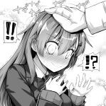  ! !! !? 1boy 1girl ai_takurou bangs blush bow bowtie breasts commentary_request duplicate gloves greyscale hair_between_eyes hairband jacket kantai_collection long_hair long_sleeves monochrome nervous_smile nose_blush petting school_uniform simple_background smile solo_focus suzuya_(kancolle) sweat upper_body 