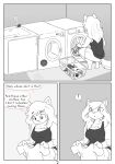  absurd_res anthro canid canine canisfidelis clothing comic dialogue english_text female hi_res laundry laundry_basket mammal monochrome seashell_(canisfidelis) shirt simple_background sink solo surprise text topwear washing_machine 