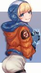  1girl absurdres akr_tmr apex_legends ass blonde_hair blue_eyes blue_gloves blue_headwear bodysuit electricity from_side gloves hands_together highres hood hooded_jacket jacket leaning_forward lichtenberg_figure orange_jacket parted_lips scar scar_on_cheek scar_on_face smile solo wattson_(apex_legends) white_bodysuit 