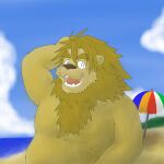  1:1 2006 anthro beach belly brown_body brown_fur eyes_closed felid fur kemono lion male mammal nanaki777 outside overweight overweight_male pantherine seaside solo water 