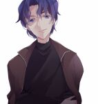  1boy blue_eyes blue_hair fate/stay_night fate_(series) heaven&#039;s_feel jacket matou_shinji short_hair smile solo suzuko_(star8383) sweater turtleneck turtleneck_sweater wavy_hair 