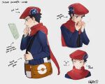  1boy arrow_(symbol) bag black_hair brown_bag character_name closed_eyes closed_mouth cold commentary english_text hand_up hands_together hands_up hat hazel0217 highres holding_strap long_sleeves lucas_(pokemon) male_focus multiple_views older pokemon pokemon_(game) pokemon_dppt red_headwear red_scarf scarf short_hair sketch smile thinking upper_body 