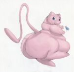  ambiguous_gender arkveveen_(artist) blue_eyes bubble_butt butt candy colored dessert feral floating food hi_res legendary_pok&eacute;mon looking_back mew nintendo overweight pink_body pok&eacute;mon pok&eacute;mon_(species) simple_background solo thick_hips thick_thighs video_games 