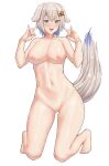  1girl animal_ears barefoot blue_eyes blush breasts censored commission completely_nude dog_ears dog_girl dog_tail eyebrows_visible_through_hair full_body hair_between_eyes hair_ornament heart heart_censor highres kneeling large_breasts navel nipples nude open_mouth original pussy sarhce short_hair silver_hair simple_background smile solo star_(symbol) star_hair_ornament tail teeth upper_teeth white_background 