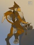  2021 anthro armor avian backsack balls brown_body brown_fur butt digitigrade feathered_wings feathers fur genitals gryphon headgear helmet hi_res looking_at_viewer male mythological_avian mythology pawpads paws raised_tail simple_background solo thesecretcave white_body white_fur wings yellow_eyes 