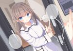  1girl bangs blue_eyes blurry blurry_background blush brown_hair collared_shirt commentary_request depth_of_field doorbell eyebrows_visible_through_hair hair_between_eyes highres long_hair long_sleeves looking_at_viewer loungewear open_door original parted_lips sashima shirt solo_focus translation_request white_shirt wide_sleeves 