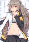  1girl blush bra breasts brown_eyes brown_hair exren eyebrows_visible_through_hair girls_frontline highres jacket long_hair looking_at_viewer one_side_up panties scar scar_across_eye shirt skirt small_breasts ump45_(girls_frontline) underwear white_shirt yellow_eyes 