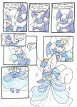  absurd_res anthro blue_body blue_fur clothed clothing comic crown dialogue dress english_text female forced fur hi_res humanoid male male/female meowstic nintendo pok&eacute;mon pok&eacute;mon_(species) raiinbowraven simple_background text uncomfortable video_games white_background white_body white_fur 