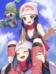  2girls bare_arms beanie black_hair blue_eyes blush boots carrying closed_eyes cloud dawn_(pokemon) eyelashes female_protagonist_(pokemon_legends:_arceus) from_below gen_4_pokemon gen_7_pokemon hair_ornament hairclip hat head_scarf highres katwo kneehighs long_hair multiple_girls open_mouth pokemon pokemon_(game) pokemon_dppt pokemon_legends:_arceus rowlet scarf shoulder_carry sidelocks sky sleeveless smile starter_pokemon sweatdrop tongue turtwig white_headwear |d 