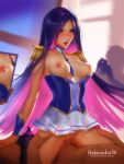  1boy 1girl absurdres battle_academia_caitlyn blush breasts caitlyn_(league_of_legends) clothed_female_nude_male green_eyes heheneko hetero highres league_of_legends long_hair multicolored_hair nude open_mouth purple_hair recording sex skirt straddling tears two-tone_hair vaginal 