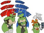 4:3 anthro argument bandage beady_eyes belt big_breasts black_eyes blue_eyes breasts chochi cleavage clothed clothing crossgender dialogue english_text female green_body green_scales group hi_res leonardo_(tmnt) looking_at_another michelangelo_(tmnt) mtf_crossgender muscular muscular_anthro muscular_female non-mammal_breasts open_mouth phone raphael_(tmnt) reptile scales scalie simple_background tan_body teenage_mutant_ninja_turtles teeth text turtle white_background wide_hips 