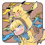  1girl =_= apex_legends backpack bag blonde_hair blue_eyes blush bungaw chibi clenched_hands crossover electricity eyebrows_visible_through_hair fang gen_1_pokemon on_head open_mouth pikachu pikachu_costume pikachu_hood pokemon pokemon_(creature) pokemon_on_head scar scar_on_cheek scar_on_face trait_connection v-shaped_eyebrows wattson_(apex_legends) 