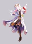  1girl :d alternate_costume bangs black_legwear boots brown_footwear candy coat commentary_request dress fire_emblem fire_emblem:_three_houses food full_body goggles goggles_on_head grey_background high_heel_boots high_heels highres holding holding_food lollipop long_hair lysithea_von_ordelia open_clothes open_coat open_mouth pantyhose pink_eyes round-bottom_flask silver_hair simple_background smile solo swirl_lollipop white_coat yukimiyuki 