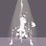  1:1 absurd_res anthro blvejay breasts chest_tuft collar crouching dancing detailed felid female fluffy genitals hi_res looking_at_viewer mammal nipples pantherine pole pole_dancing pussy simple_background smile snow_leopard solo spotlight tuft 