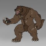  1:1 amulet angry animal_genitalia anthro biceps black_nose body_hair brown_body brown_fur canid canine canis chest_hair claws fangs feet fur genitals hi_res male mammal muscular neck_tuft nipples open_mouth penis pose pubes roaring scar sheath simple_background tail_tuft tuft were werecanid werecanine werewolf wolf 