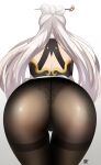  1girl ass ass_focus commentary from_behind genshin_impact gradient gradient_background grey_background hair_bun highres long_hair ningguang_(genshin_impact) panties panties_under_pantyhose pantyhose sana!rpg signature solo thigh_gap underwear white_background white_hair 