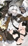  1girl absurdres alchemy_stars barefoot commentary_request dawn_(alchemy_stars) feet foot_focus greek_toe grey_eyes hairband highres long_hair looking_at_viewer menthako mittens soles solo toes white_hair 