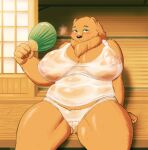  absurd_res anthro areola big_breasts blush bodily_fluids breasts brown_body brown_fur camel_toe clothing female fur green_eyes hi_res looking_at_viewer mammal mitabi nipples overweight panties smile solo sweat topwear translucent translucent_clothing underwear ursid wet wet_clothing 
