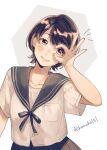  1girl bangs black_ribbon blush brown_eyes brown_hair collarbone gesture_request hanako151 hand_up looking_at_viewer neck_ribbon original pleated_skirt ribbon sailor_collar school_uniform serafuku shirt short_hair short_sleeves skirt smile solo twitter_username white_background 