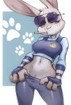  2021 anthro blush blush_lines breasts clothing disney eyewear eyewear_on_head female hi_res judy_hopps lagomorph leporid mammal mcfli navel police_uniform rabbit solo sunglasses sunglasses_on_head uniform zootopia 