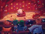  bandana_waddle_dee cappy_(kirby) checkered checkered_floor chilly_(kirby) confetti copy_ability gooey gordo headphones highres kirby kirby_(series) meta_knight microphone no_humans one_eye_closed plugg_(kirby) scarfy stage star_(symbol) suyasuyabi sweat theater 