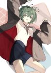  1girl adapted_costume antennae arms_up buttons coat commentary green_eyes green_hair highres long_sleeves looking_at_viewer lumo_1121 open_clothes open_coat open_mouth shirt short_hair shorts solo touhou white_shirt wriggle_nightbug 