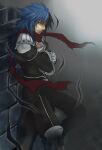  1boy armor armored_boots assassin_cross_(ragnarok_online) bangs bio_lab black_cape black_pants black_shirt blue_hair boots brick_wall cape commentary_request crossed_arms eremes_guile eyebrows_visible_through_hair feet_out_of_frame gauntlets hair_between_eyes leaning_back long_hair looking_at_viewer looking_to_the_side male_focus open_clothes open_mouth open_shirt pants pauldrons ragnarok_online red_eyes red_scarf scarf shirt shoulder_armor solo sptbird torn_cape torn_clothes torn_scarf waist_cape 