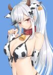  1girl animal_ears animal_print azur_lane bare_shoulders bell bikini blue_background braid breasts cleavage collar cow_ears cow_horns cow_print cowbell crown_braid dunkerque_(azur_lane) ear_tag elbow_gloves fingerless_gloves gloves highres horns large_breasts long_hair looking_at_viewer lou_(09991) red_collar red_eyes silver_hair simple_background solo swimsuit 