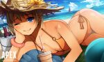  1girl apex_legends bangs beach bikini blonde_hair blue_eyes boat breasts cleavage copyright_name cup eyebrows_visible_through_hair flower hat hat_flower loa_(loa_apex_more) logo lying medium_breasts mountain ocean on_side one_eye_closed orange_bikini sailboat short_hair smile solo swimsuit swimwear watercraft wattson_(apex_legends) yellow_flower 