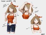  1girl adjusting_belt armband arms_up arrow_(symbol) bangs belt black_shorts breasts brown_hair character_name cleavage closed_mouth collarbone commentary crossed_arms english_text eyelashes grey_eyes hand_up hazel0217 highres looking_at_viewer may_(pokemon) medium_hair multiple_views older orange_shirt parted_lips pokemon pokemon_(game) pokemon_oras shirt shorts signature sketch sleeveless smile 
