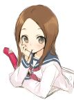  1girl blush brown_hair desk elbow_rest eyebrows_visible_through_hair eyes forehead hand_on_own_face hatching_(texture) honjou_tatami karakai_jouzu_no_takagi-san light_brown_eyes linear_hatching looking_at_viewer mouth_hold school_uniform serafuku simple_background sitting sketch solo takagi-san tatami_to_hinoki white_background 