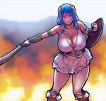  1girl bandai_namco bangs bare_shoulders blue_hair blunt_bangs boots bracelet breasts brown_hair bun_cover cleavage cosplay curvy dress erkaz eyebrows_visible_through_hair fire hairband highres huge_breasts jewelry large_breasts long_hair looking_at_viewer medium_hair open_mouth purple_eyes red_eyes rina_atherina shield short_hair simple_background skirt smile solo sophitia_alexandra sophitia_alexandra_(cosplay) sword thighs weapon 