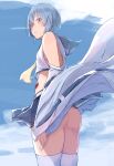  1girl absurdres alternate_costume ass ayanami_(azur_lane) ayanami_(azur_lane)_(cosplay) ayanami_rei azur_lane bangs belt blue_sky commentary_request cosplay detached_sleeves eyebrows_visible_through_hair eyes_visible_through_hair from_below fukunaga_nagisa highres looking_at_viewer looking_to_the_side midriff namesake neon_genesis_evangelion no_panties parted_lips pleated_skirt red_eyes retrofit_(azur_lane) ribbon-trimmed_sleeves ribbon_trim school_uniform see-through_silhouette serafuku short_hair sidelocks silver_hair skirt sky solo thighhighs white_legwear wide_sleeves wind zettai_ryouiki 