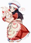  1girl absurdres alcremie alcremie_(strawberry_sweet) apron black_hair chef_hat closed_mouth commentary dawn_(pokemon) dress english_commentary eyelashes frills gen_8_pokemon grey_eyes hair_ornament hairclip hands_up hat hazel0217 heart highres holding holding_pokemon long_hair oven_mitts pokemon pokemon_(creature) pokemon_(game) pokemon_masters_ex red_dress red_mittens signature simple_background sketch smile spoken_heart white_background white_headwear 