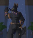  anthro anubian_jackal anubis butt canid canine canis deity detailed_background egyptian_mythology hi_res jackal jewelry looking_at_viewer looking_back male mammal middle_eastern_mythology muscular muscular_anthro muscular_male mythology presenting rear_view sillywerwolf solo 