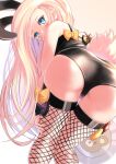  1girl abigail_williams_(fate) animal_ears ass back bangs bare_shoulders bent_over black_bow black_leotard blonde_hair blue_eyes bow breasts bunny_ears bunny_tail fate/grand_order fate_(series) fishnet_legwear fishnets forehead highres koji45hiro leotard long_hair looking_at_viewer looking_back multiple_bows orange_bow parted_bangs polka_dot polka_dot_bow tail thighs tray 