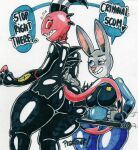  &lt;3 blitzo_(vivzmind) blush buckteeth clothing crossover dialogue disney duo english_text female helluva_boss hi_res holding_object holding_weapon imp judy_hopps lagomorph male mammal parasitedeath police_uniform purple_eyes rear_view red_eyes rubber simple_background teeth text uniform weapon zootopia 