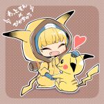  1girl ^_^ apex_legends backpack bag bangs blue_gloves blue_headwear bungaw chibi closed_eyes crossover eyebrows_visible_through_hair fang gen_1_pokemon gloves heart holding_hands open_mouth petting pikachu pikachu_costume pikachu_hood pokemon trait_connection wattson_(apex_legends) 