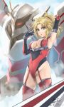  1girl 2021 arm_up blonde_hair breasts dated elbow_gloves eyebrows_visible_through_hair fate/grand_order fate_(series) gloves green_eyes highres keisuke_desu~ leotard looking_at_viewer mecha medium_breasts mordred_(fate) mordred_(fate)_(all) ponytail solo thighhighs translation_request 