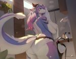  anthro arm_under_breasts big_breasts big_butt blue_body bra breasts butt clothing dragon ears_down female green_eyes hair hair_dryer horn inner_ear_fluff inside kemono lanya_(shian) light lighting long_hair long_tail low-angle_view panties pivoted_ears plant purple_hair rear_view scalie shaded shian side_boob solo tail_tuft towel tuft underwear wet wet_body white_body window wingless_dragon 