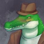  1:1 alligator alligatorid anthro brown_clothing brown_coat brown_hat brown_headwear brown_topwear clothing coat cregon crocodile crocodilian crocodylid drunk fedora green_body green_scales hat headgear headwear hi_res looking_at_viewer male multicolored_body multicolored_scales phoenix-of-starlight reptile scales scalie shirt smile smiling_at_viewer solo substance_intoxication teeth teeth_showing topwear two_tone_body two_tone_scales white_body white_clothing white_scales white_shirt white_topwear yellow_eyes 