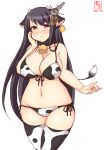  1girl alternate_costume animal_ears animal_print artist_logo bikini black_hair breasts cleavage collarbone commentary_request cow_ears cow_horns cow_print cow_tail cowboy_shot dated ear_tag fake_animal_ears fake_horns fusou_(kancolle) hair_ornament hand_on_own_chest highres horns kanon_(kurogane_knights) kantai_collection large_breasts long_hair looking_at_viewer one-hour_drawing_challenge red_eyes side-tie_bikini simple_background solo swimsuit tail thighhighs white_background white_bikini white_legwear wide_hips 