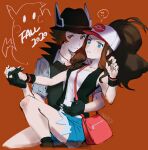  !? 1boy 1girl 2020 antenna_hair bag baseball_cap black_gloves black_vest black_wristband blue_eyes brown_eyes brown_hair closed_mouth collarbone collared_shirt commentary english_commentary eyelashes gloves grey_shirt hand_up hat hazel0217 high_ponytail highres hilbert_(pokemon) hilda_(pokemon) holding_hand jewelry necklace pink_bag pokemon pokemon_(game) pokemon_bw pokemon_masters_ex shirt shorts shoulder_bag sidelocks signature sketch spoken_interrobang vest white_shirt wristband 