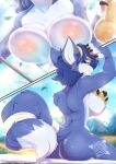 absurd_res anthro areola blue_body blue_eyes blue_fur blue_hair breasts canid canine claws day detailed_background eyebrows eyelashes female fox fur hair hi_res krystal mammal nintendo nipples nude outside paws rainbowscreen sky smile star_fox tongue video_games 