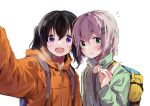  2girls :d backpack bag bangs black_hair black_shirt blush closed_mouth commentary_request eyebrows_visible_through_hair flying_sweatdrops green_eyes green_jacket grey_hair hair_between_eyes highres hood hood_down hooded_jacket jacket kuraue_hinata long_sleeves looking_at_viewer multiple_girls open_clothes open_jacket open_mouth orange_jacket purple_eyes ramu_(taka1995) selfie shirt simple_background smile sweat twintails upper_body white_background yama_no_susume yukimura_aoi 