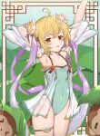  &gt;_&lt; 1girl :p ahoge andira_(granblue_fantasy) animal animal_ears arm_behind_head arms_up bangs blonde_hair blue_swimsuit casual_one-piece_swimsuit closed_eyes closed_mouth commentary_request covered_navel detached_sleeves double_bun erune eyebrows_visible_through_hair flower granblue_fantasy groin hair_between_eyes hair_flower hair_ornament highres looking_at_viewer monkey monkey_ears monkey_girl monkey_tail one-piece_swimsuit red_eyes see-through see-through_sleeves short_sleeves smile solo swimsuit tail tongue tongue_out uneg white_flower wide_sleeves 
