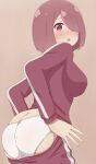  1irl absurdres ass blush breasts brown_eyes brown_hair butt_crack from_behind hair_over_one_eye highres hoshino_miyako_(wataten) jacket large_breasts long_sleeves looking_at_viewer open_mouth panties pants partially_undressed poa_mellhen red_jacket red_pants simple_background solo track_jacket track_pants track_suit underwear watashi_ni_tenshi_ga_maiorita! white_panties 
